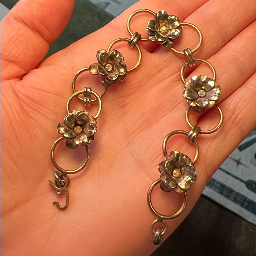Vintage Gold Filled Sterling Silver Flower Iridescent Rhinestone Bracelet - Picture 8 of 9
